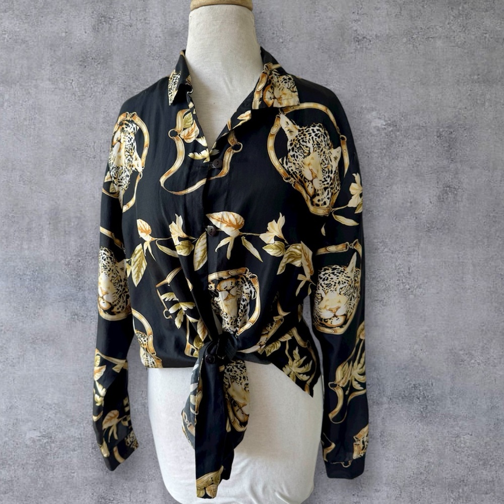 Vtg 90s Stunt Leopard Floral 100% Silk Button Down Shirt Sz M Baroque Mobwife